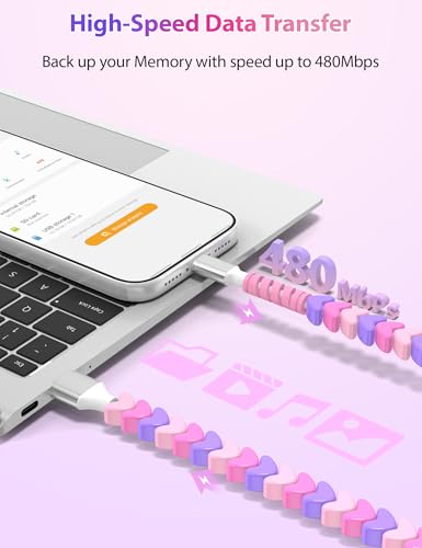 Jiunai Beaded USB to USB C Cable 6ft Cute Heart Shape Beaded Phone Charger for Carplay 27W Charging Type C Cable Teen Girls Women Gifts Pretty USB C Cable for iPhone 17 16 15 Galaxy S26 S25 for iPad - Image 6