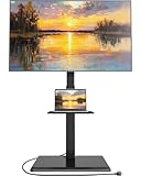 ECOTINY Steel Base Floor TV Stand with Power Outlet for 32-75 inch TVs up to 110 lbs, Leveling & Tilt & Swivel TV Stand with Hidden Wire Management, Height Adjustable TV Stand with Steel Shelf, Black
