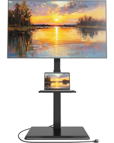 ECOTINY Steel Base Floor TV Stand with Power Outlet for 32-75 inch TVs up to 110 lbs Leveling & Tilt & Swivel TV Stand with Hidden Wire Management Height Adjustable TV Stand with Steel Shelf Black