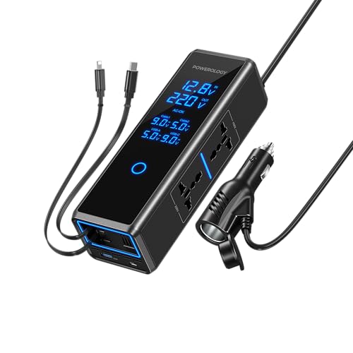 Powerology 300W Car Power Inverter DC 12V to 220V AC Car Inverter Car Lighter Port LED Screen Power Inverter USB Type-C and A Ports Charger Adapter Car Plug Converter with USB-C Lightning Cable