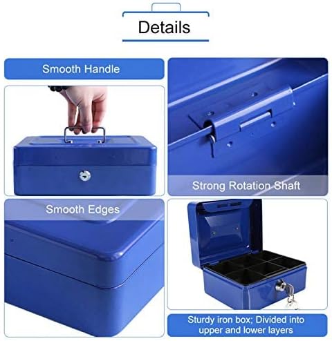 Metal Money Box, Lockable Small Cash Box Key Lock Safe Handle Steel Petty Deposit Tin Removable Change Tray Piggy Bank Coin Slot with Handle Jewelry Case Document File Storage Credit Cards(Blue)