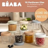BÉABA, Set mit 10 Portionsgläsern zur Aufbewahrung von Babymahlzeiten, bruchsicheres Glas, 100% auslaufsicher, hitze- und kältebeständig, gefriergeeignet, sterilisierbar,Skala, 250 ml, Natural – Ansicht 2