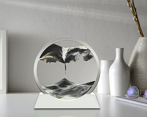 Szoranct Moving Sand Art Picture Round Glass Flowing Sand Frame with Light, Sand Art Liquid Motion and 3D Deep Sea Moving Sandscapes, Relaxing Decoration for Desktop Home Office (7", Blcak with Light)