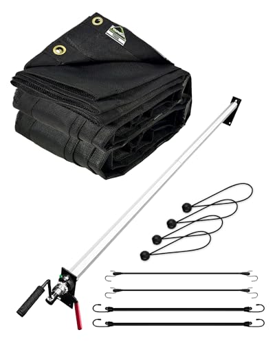 FoundGo Dump Trailer Tarp Roller Kit 7x14 ft Heavy Duty Truck Tarp with Adjustable Length Roller 113 Max Length Aluminum Roller and 18OZ Mesh Tarp with Elastic Cords for Dump Truck&Trailer