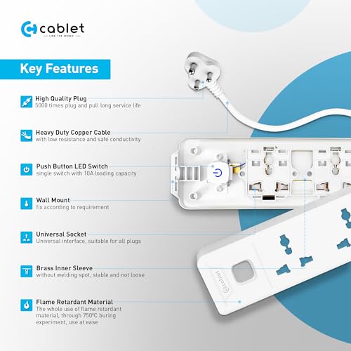 Image of Cablet Extension Board 1.8 Meter Cable, 2500W 10A, 3 Universal Multi Plug Socket, Master Switch, 1.8 Mtr Heavy Duty Cord, LED Indicator, Power Strip for Home Office