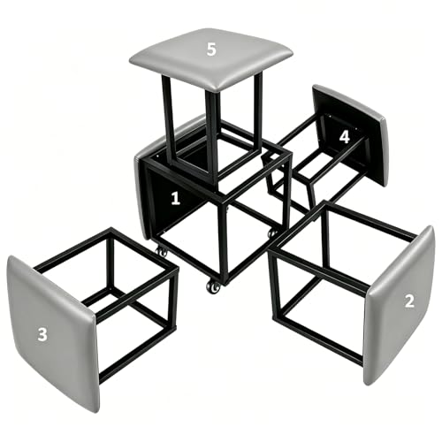 Image of 5 in 1 Nesting Ottoman Cube Chair, Stackable Stools, Leather Square Ottoman Bench, Foot Stool with Wheels for Living Room,Dining Room 15.75x15.75x16.54 inches