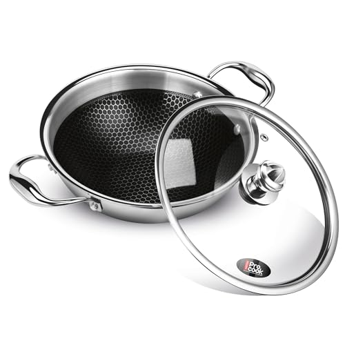 Image of MILTON Pro cook Induction Cookware & Gas Stove Friendly Triply Stainless Steel Hexa Tech Honeycomb Kadhai with Glass Lid 30cm | GREBLON C3+ Non-Stick Coating | Metal Spoon Friendly | 3Y Warranty