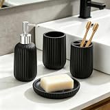 Modern Badezimmer Set Schwarz 4 Teiliges Harz - Seifenspender, Seifenschale, Zahnbürstenhalter...