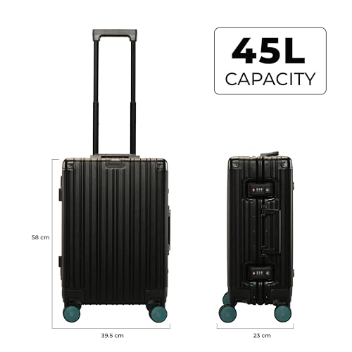 Image of EUME 100% Aluminium Cabin Trolley Bag Small for Travelling 50cm | Durable High-End 8 Silentrun 360 Degree Spinner Wheels | Premium Trolley Bag Small for Travel (Black with Green Wheels)