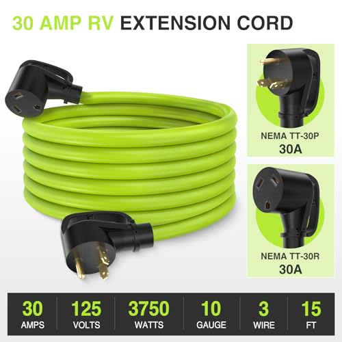 Image of Nilight 15FT 30 Amp RV Extension Cord 125V Heavy Duty 10 /3 Gauge Pure Copper STW Wire UL ETL Listed 3 Prong TT-30P TT-30R Weatherproof Suit for Camper Caravan Trailer Bright Green