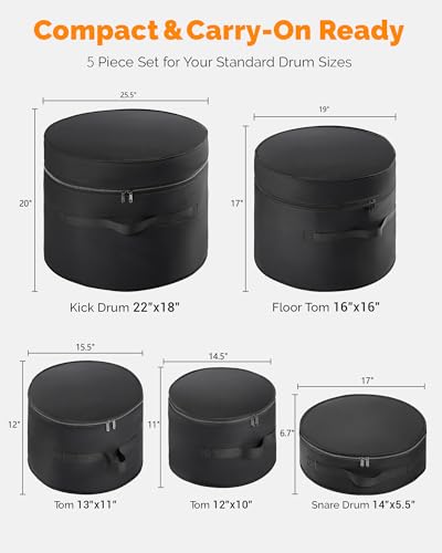 5-Piece Drum Case Set - Padded Drum Bags for 22" Kick, 12"/13"/16" Toms & 14" Snare | Lightweight Protective Covers for Drummers, Gig Transport, and Long-Term Storage