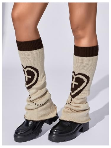 Image of RoseSeek Women's 1 Pair Y2K Bow Front Lace Trim Leg Warmers Ribbed Knit Over Knee Pile Leg Warmers Long Socks