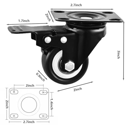 2\" Caster Wheels,Swivel Casters with Brake Set of 4, 2 inch Heavy Duty Casters,360 Degree No Noise Polyurethane Wheels for Cart, Furniture, Workbench (2\" Caster Wheels with Brake)