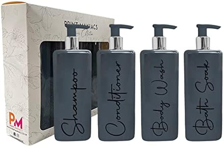 Print Maniacs Mrs Hinch Inspired Signature Grey 500ml Square Reusable Dispenser Bottle Silver Pump Personalised Bathroom Storage Toiletries Set F2 (White, Shampoo and Conditioner)