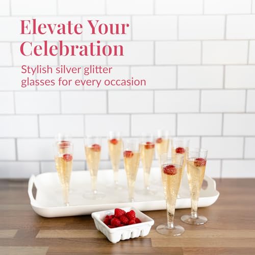Prestee 200 Disposable Champagne Flutes Plastic 200 Pack - Silver Glitter Champagne Flutes for Weddings, Parties, and New Year’s Eve - 4.5 Oz Plastic Silver Party Glasses