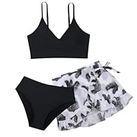 2025 Girls 3-Piece Swimsuit Bikini with Floral Pattern Skirt for Kids Swimsuit Dinosaur Girls, black, 11-12 Years