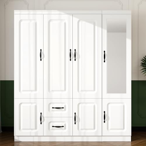 TemkTuek Modern White Armoire Wardrobe Closet with Mirror, Large Capacity,