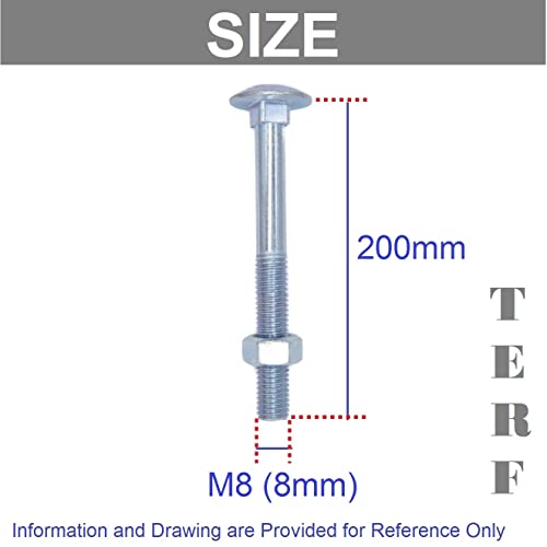 TERF® M8 X 200mm Cup Square Carriage Bolt and Nut M8 (8mm) X 200mm Coach Bolts with Hexagon Nuts - Pack of 5 - Image 3