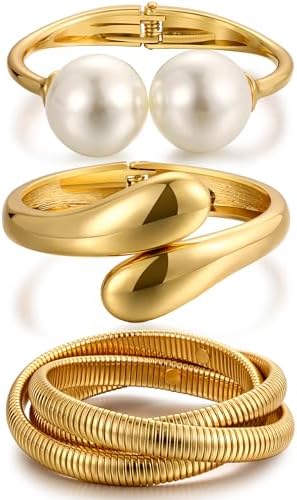 Chunky Gold Bangle Bracelets for Women, Dainty 14k Gold Plated Bi...