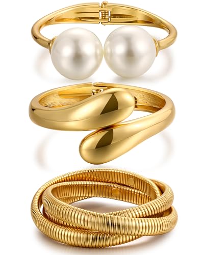 iF YOU Chunky Gold Bangle Bracelets for Women, Big Pearl Stretch Bangles Set, Trendy Stackable Chain Bracelet Stack Fashion Accessories Jewelry Gifts (Gold-pearl)