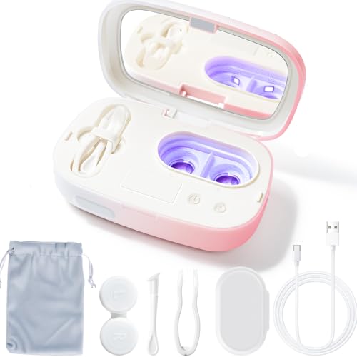 Portable Ultrasonic Contact Lens Cleaner with Blue Light,LXIANGN Rechargeable Contact Lens Cleaner Machine with 4 Timing Modes and Applicator Removal Tool Kit (Pink)