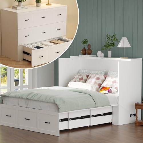 NBEETISM Full Size Murphy Bed with Storage & Charging Station – Farmhouse Cabinet Bed, Space Saving & Noise-Free Wall Bed for Guest Bedroom, Living Room, Office, White