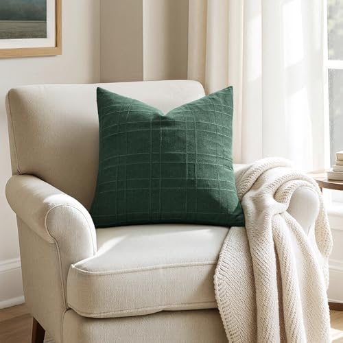 Image of MIULEE Decorative Linen Check Throw Pillow Covers Neutral Farmhouse Vintage Spring Pillow Covers 18x18 Set of 2 Boho Modern Home Decor for Sofa Couch Bedroom Cushion Dark Green