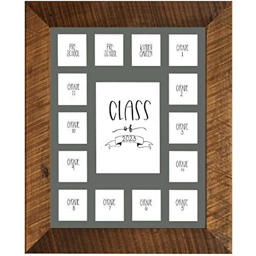 Image of Rustic Red Door Co. School Years Reclaimed Wood Picture Frame with Mat - 11x14 Wooden Framed 15 Photo Collage Mat Pre-School & Kindergarten to 12th Grade High School Graduation (Class of 2023, Grey)