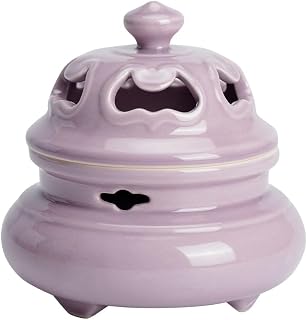 Ceramic Incense Burner, Purple, Traditional Chinese Style, Triple-Footed Design with Lid, 3.27x3.39 Inch, Tea Ceremony Accessory