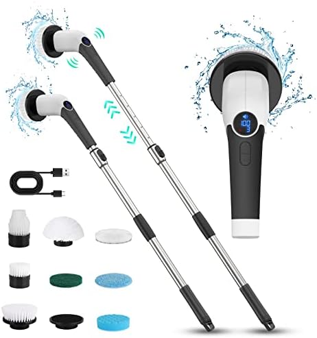 Electric Spin Scrubber with Voice Prompt - LITFP New Power Shower Scrubber with Adjustable Extension Handle and 8 Replaceable Brush Heads, Cordless Cleaning Brush for Bathroom Tub Tile Floor Cleaning