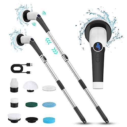 Electric Spin Scrubber With Voice Prompt - Litfp New Power Shower Scrubber With Adjustable Extension Handle And 8 Replaceable Brush Heads, Cordless Cleaning Brush For Bathroom Tub Tile Floor Cleaning #TOP15