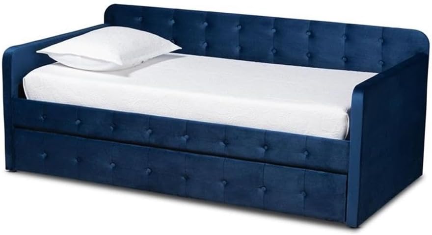 BOWERY HILL Twin Size Daybed with Trundle, Navy Blue Velvet Upholstered, Button Tufted Modern Design, MDF and Engineered Wood, Foam Padded, Assembly Required, Guest Room or Kids Room Use