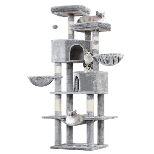 MSmask Kratzbaum groß, 180 cm hoch Katzenbaum mit Sisalstämmen, 2 Plattformen, 2 Katzenhöhlen, Korb, Hängematte, Stabiler Katzenkratzbaum, mehrstöckiger Kletterbaum für Katzen, Hellgrau