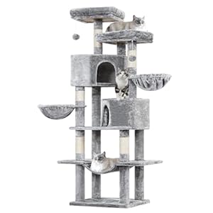 MSmask Arbre à Chat Stable de 180 cm, Tour de Jeux Chats avec 5 Poteaux en Sisal, 2 Grandes Plate-Formes, 2 Niches, 2 Paniers, Hamac, Centre d’Activités Multiniveau en Peluche, Gris Clair