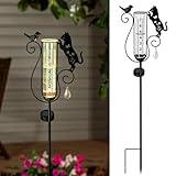 Hokfirm Rain Gauge Outdoor,Decorative Metal Black Cat and Bird Solar Light Stake with Rain Gauges Best Rated for Yard,Garden,Lawn, Pathway, 7" Glass Tube