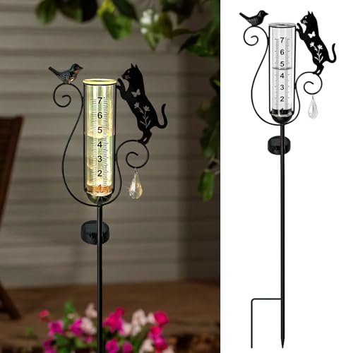 Hokfirm Rain Gauge Outdoor,Decorative Metal Black Cat and Bird Solar Light Stake with Rain Gauges Best Rated for Yard,Garden,Lawn, Pathway, 7" Glass Tube