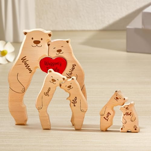 VEELU Personalisiertes Holzkunstpuzzle der Bärenfamilie mit 2-6 Namen| Holz Bär Skulpturen Desktop Ornament Home Tischdekoration, Geschenk für Familie, Muttervatertag Geburtstag