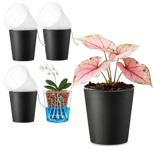 TineDew 3 Pack of 6in Plastic Cachepot with 6 inch Clear nusery Pot - self Watering Indoor Planter with Drainage for Root Visibility semi Hydro pots for repotting Orchids Aroid or Monstera Black