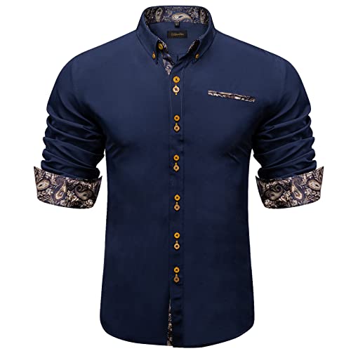 DiBanGu Navy Blue Dress Shirts for Men Long Sleeve Casual Button Down Shirts Inner Contrast Formal Business Shirt