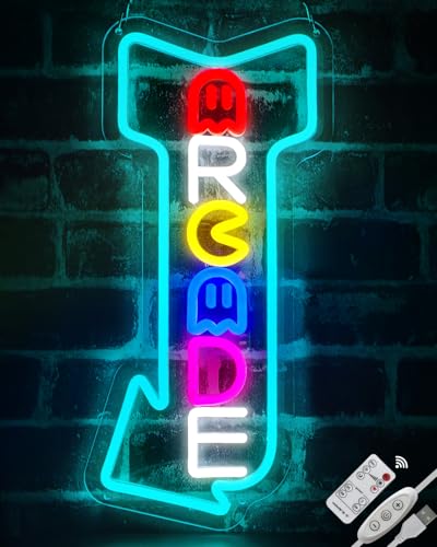 Arcade Neon Signs Arrow Retro Style with Timer Dimming for Gameroom Light, Home Bar, 80’s Theme Party, Pac Man and Ghosts Neon Gaming Sign Gift for Gamer, Boys Basement Wall Decor USB