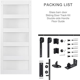 COSHOMER 36in x 84in 5-Panel Sliding Glass Barn Door with 6.6ft Hardware Kit Included, Easy Assembly with Pre-Drilled Holes, WaterProof, Frosted Glass for Bathroom-Fit Max Opening 34in x 82in, White