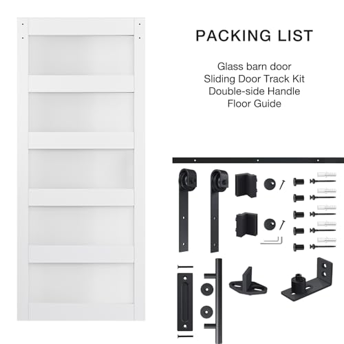 COSHOMER 36in x 84in 5-Panel Sliding Glass Barn Door with 6.6ft Hardware Kit Included, Easy Assembly with Pre-Drilled Holes, WaterProof, Frosted Glass for Bathroom-Fit Max Opening 34in x 82in, White