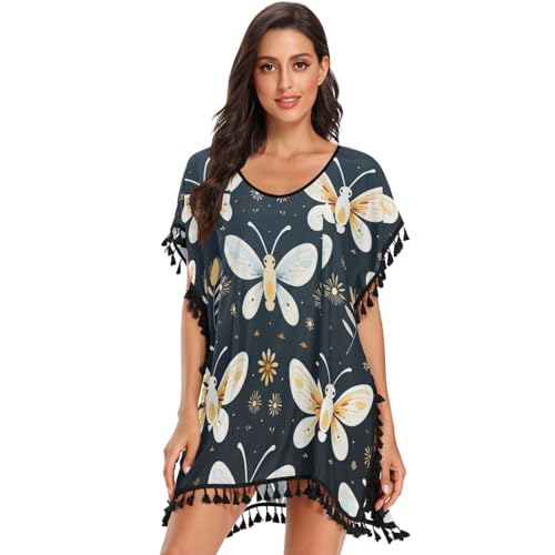 Repeating Pattern White Butterfly Women's Beach Cover Up Chiffon Tassel Swimwear Swimsuit Coverups for Girl