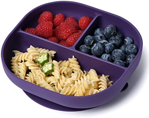 BABELIO Suction Plates for Babies & Toddlers, Silicone Divided Baby Dish, Self Feeding Supplies for Highchairs, Tables, Travel, Camping, Dinner, Square Shape, BPA Free, Dishwasher, Oven Safe (Purple)