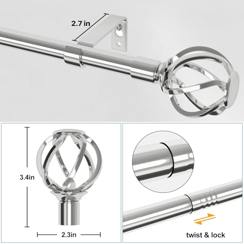 Silver Curtain Rods for Windows 66 to 120 with Cage Finials, Heavy Duty Curtain Rod with Splicing Adjustable, Decorative Curtain Rods for Outdoor Patio, Sliding Glass Door, 5/8\" Diameter (Chrome) - Thumbnail 3