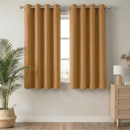 Image of 100% Blackout Window Curtains, 5 Feet, Solid Design, Faux Silk, Thermal Insulated, Noise Reducing Eyelet Door Curtain with Tie Back for Living Room & Bedroom, 115x150cm, Pack of 2 - Gold