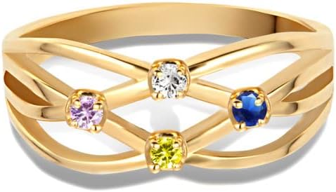 10K or 14K Yellow Gold Personalized Mix-and-Match Women's 3.4mm Wide Multi Row X Crossover Ring with 4 CZ Birthstones - Choice of Birthstone Color/Ring Size