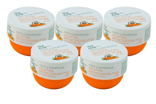 Gelatina Aceleradora del Bronceado de Coco y Zanahoria 5x200 ml | Bronceador Corporal con SPF 20 | Potenciador del Bronceado Natural, Hidratante y Protector | con Betacarotenos, Sin Parabenos