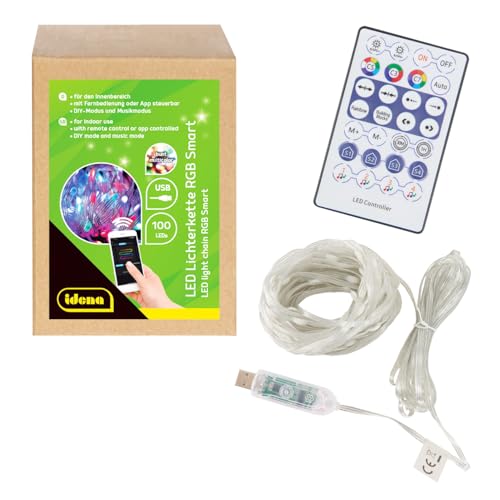 Idena 30521 - LED Micro Guirlande lumineuse avec 100 LED RGB multicolores, env. 12,9 m de long, LED Strip avec 12 fonctions d'éclairage & synchronisation musicale, alimentée par USB, avec minuterie
