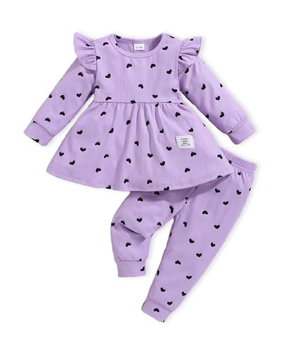 PaPaai Sara 18-24 Month Girl Cloting Toddler Baby Girls Clothes 18 Months 2T Girl Outfits Fall Infant Cute Ruffle Ruffle Heart Shaped Printing Ribbed Pants WInter Set for Girls Bodysuit Taro Purple